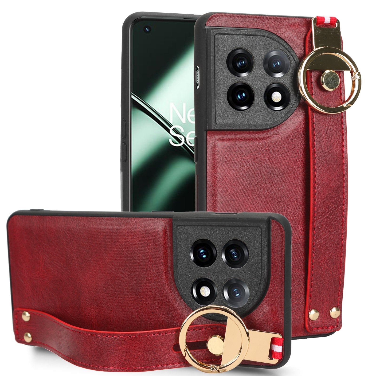 For-OnePlus-11-Wristband-Leather-Back-Phone-Case(Red)