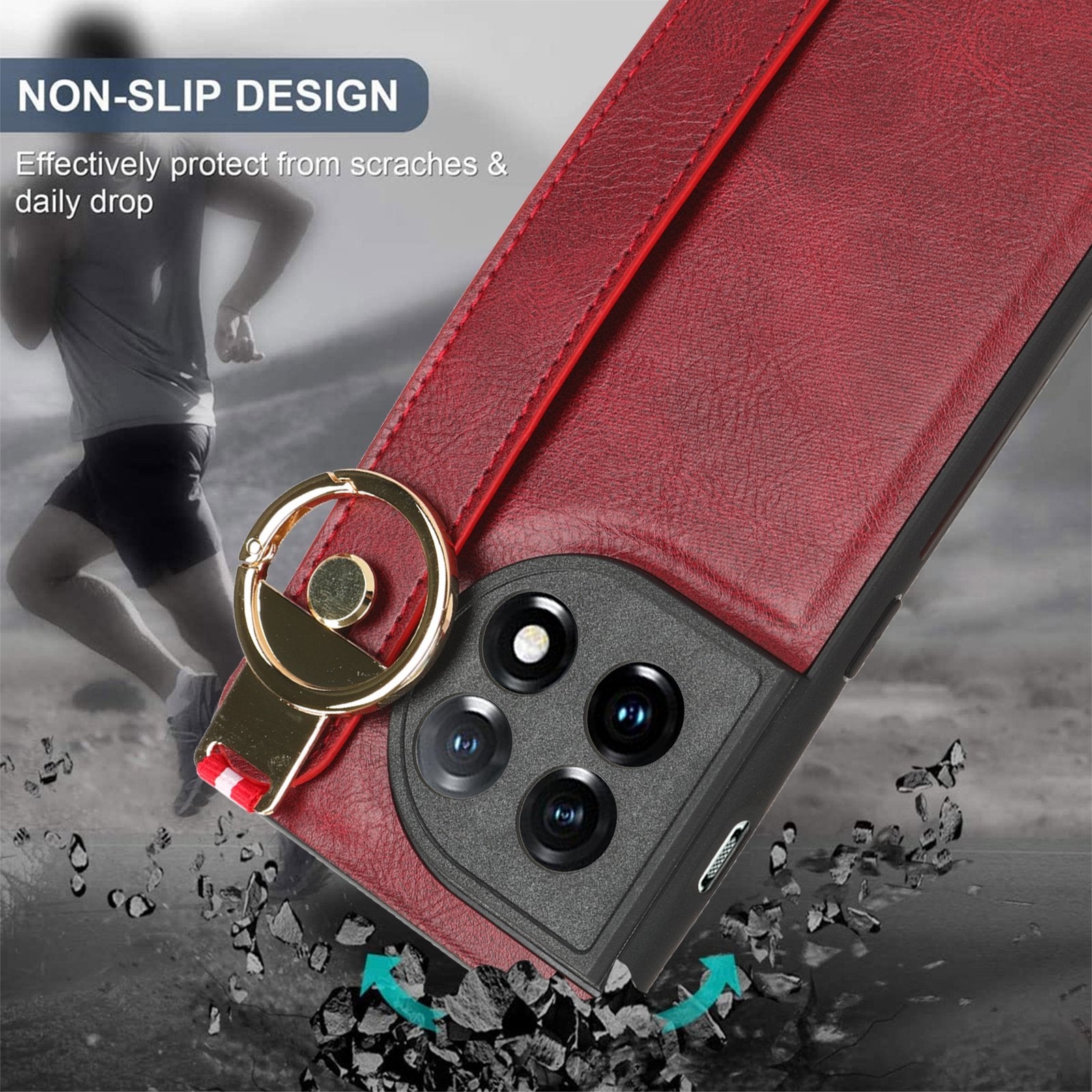 For-OnePlus-11-Wristband-Leather-Back-Phone-Case(Red)