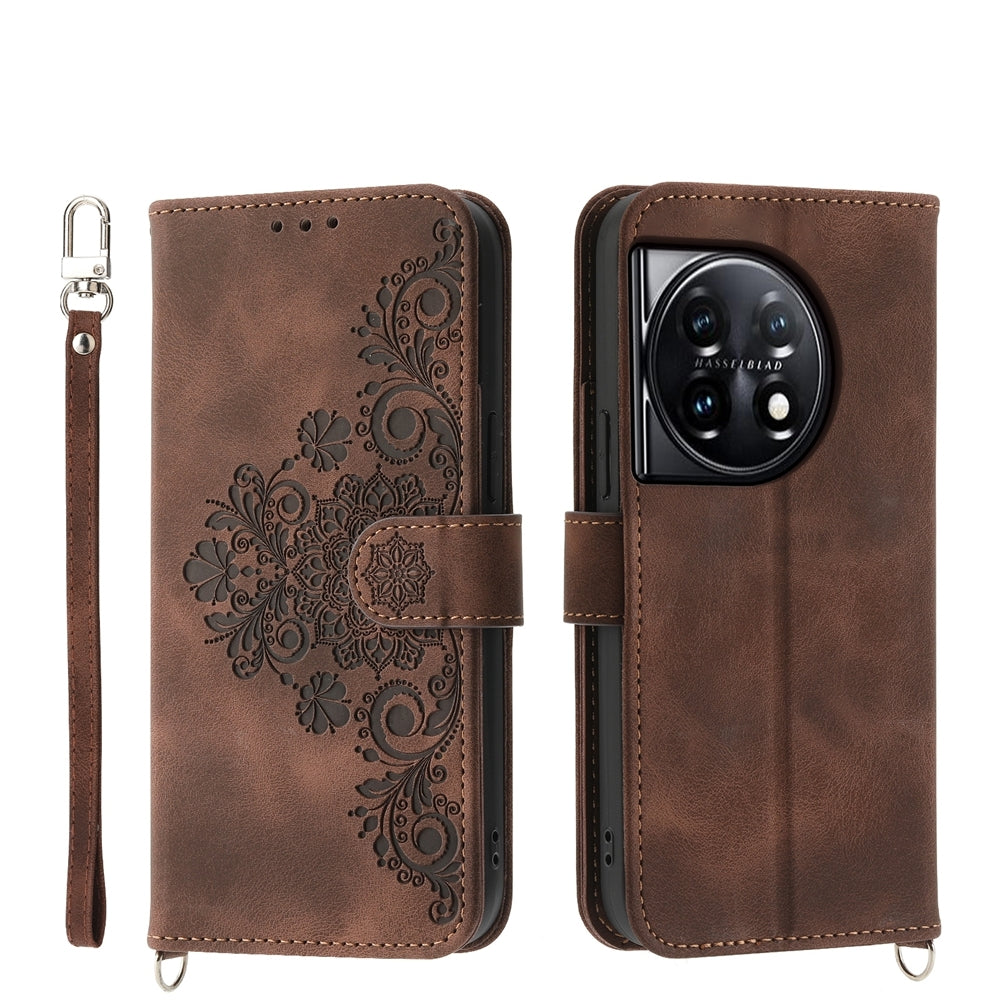 For-OnePlus-Ace-3-/-12R-Skin-feel-Flowers-Embossed-Wallet-Leather-Phone-Case(Brown)