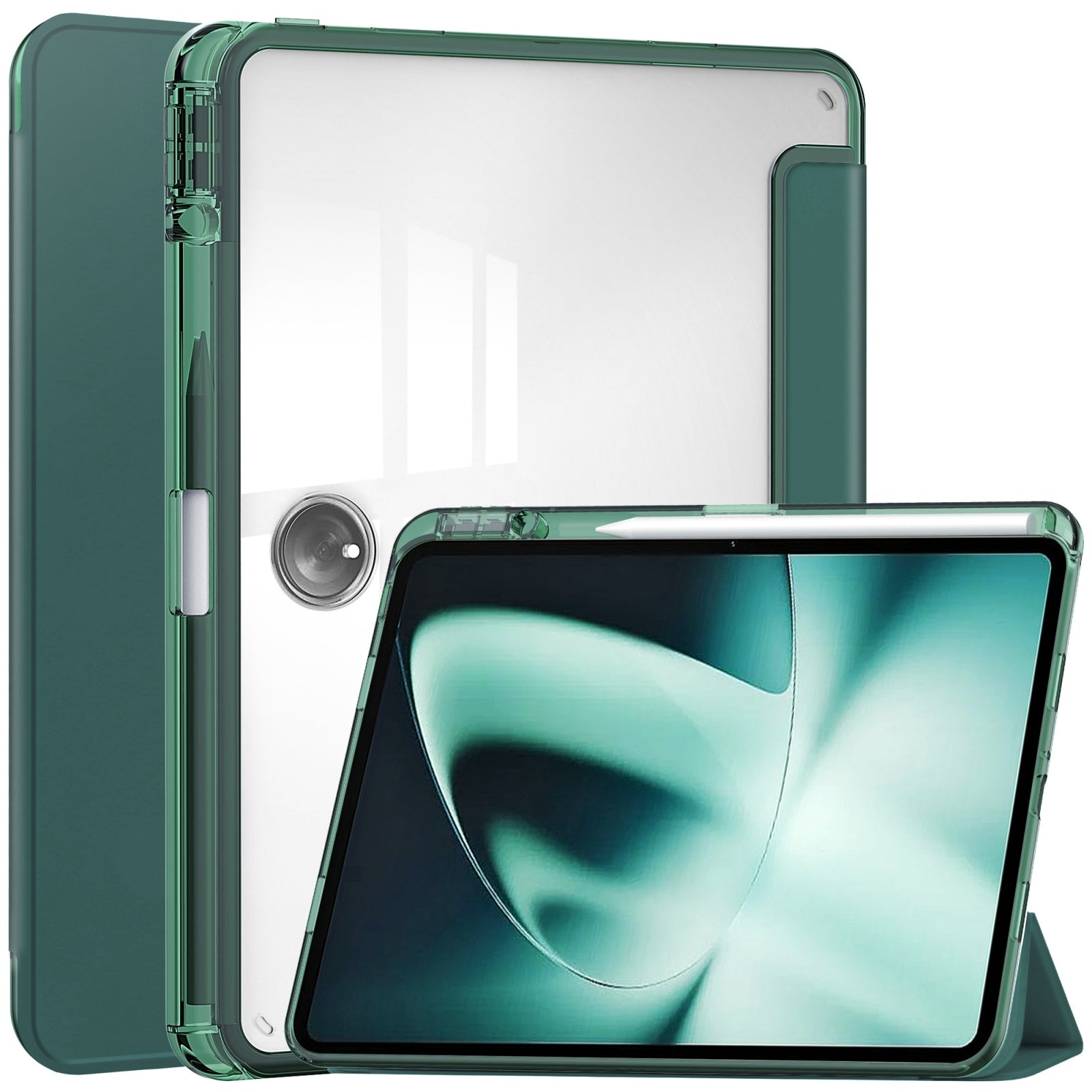 For-OnePlus-Pad-Clear-Back-Cover-3-Fold-Leather-Smart-Tablet-Case(Dark-Green)