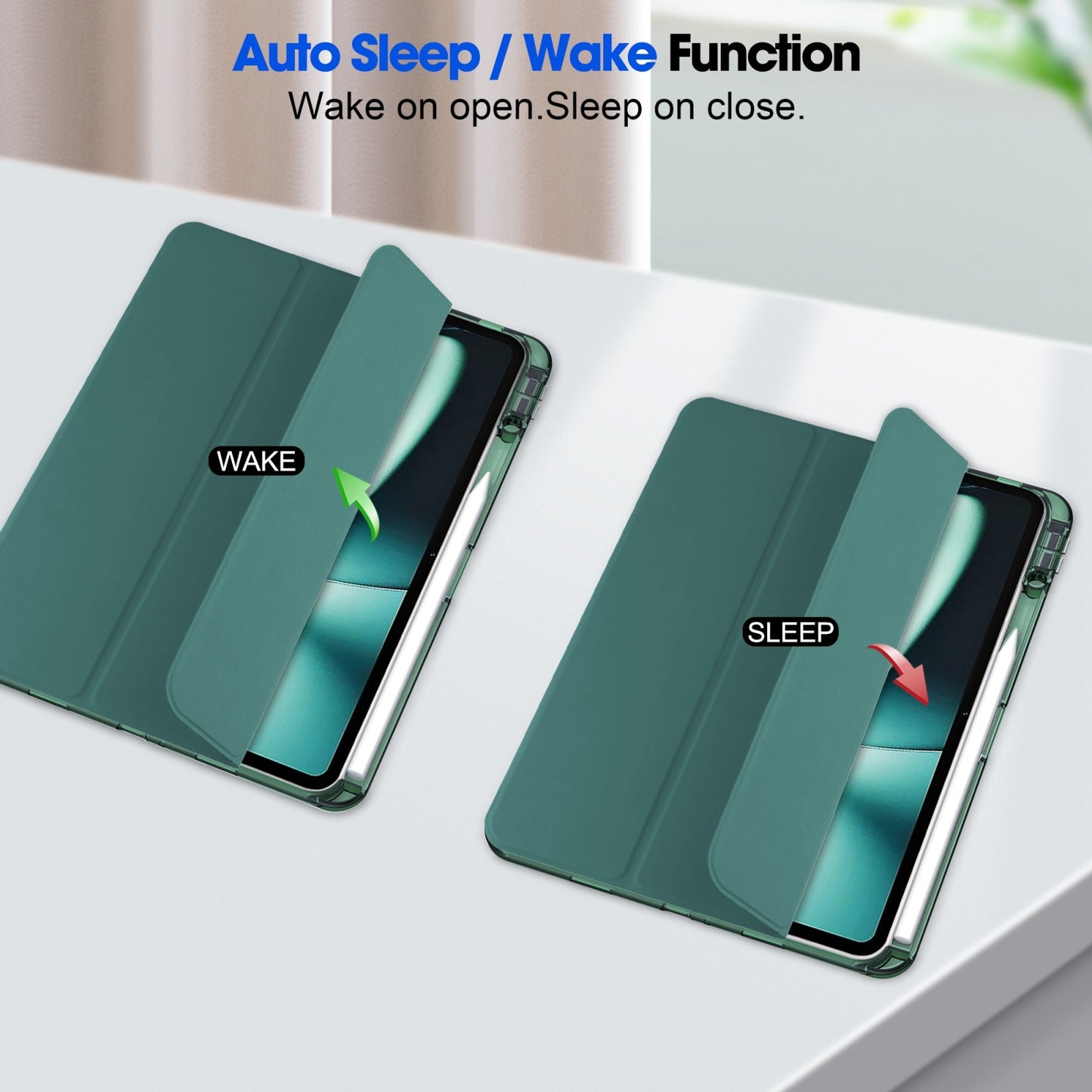 For-OnePlus-Pad-Clear-Back-Cover-3-Fold-Leather-Smart-Tablet-Case(Dark-Green)