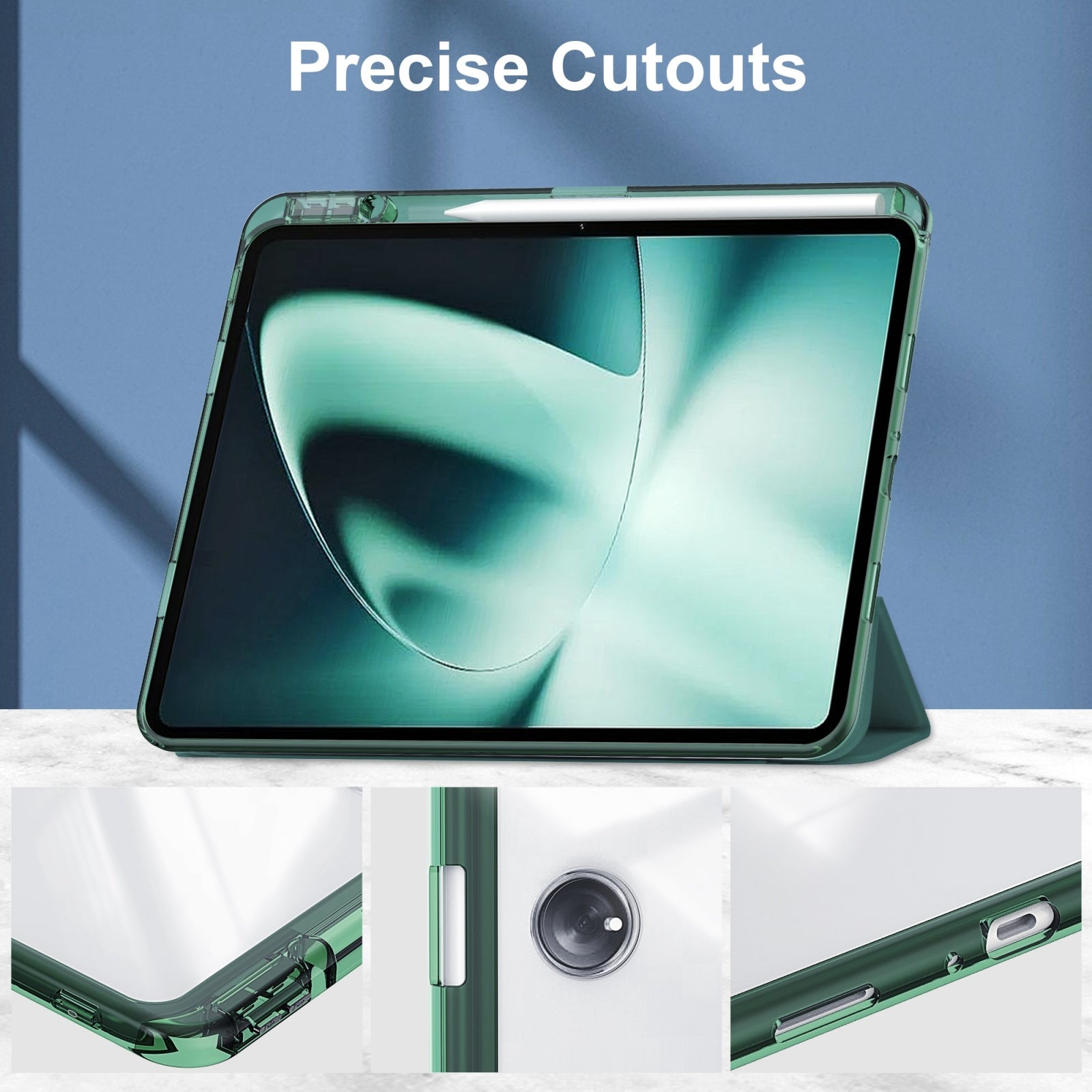 For-OnePlus-Pad-Clear-Back-Cover-3-Fold-Leather-Smart-Tablet-Case(Dark-Green)