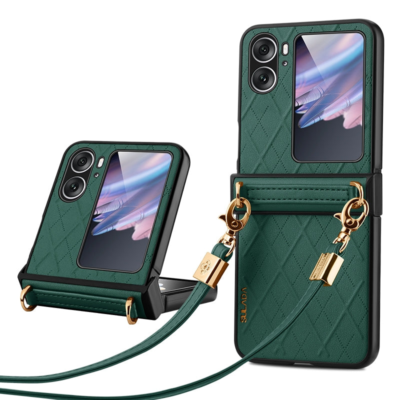For-OPPO-Find-N2-Flip-SULADA-Elegant-Rhombic-Texture-Folding-Phone-Case-with-Lanyard(Green)