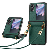 For-OPPO-Find-N2-Flip-SULADA-Elegant-Rhombic-Texture-Folding-Phone-Case-with-Lanyard(Green)