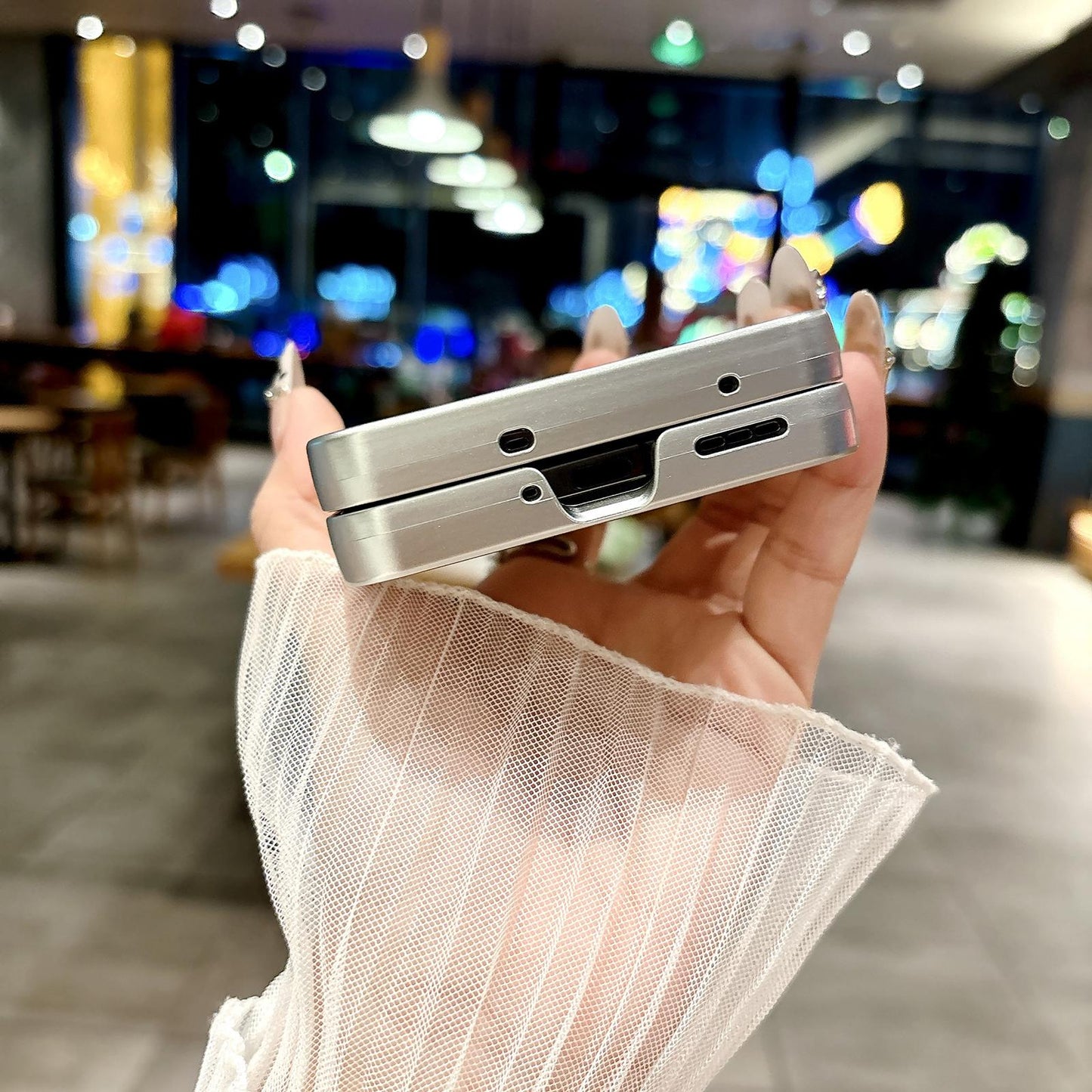 For-OPPO-Find-N2-Flip-Silver-Edge-PC-Folding-Phone-Case(Feather-Yarn)