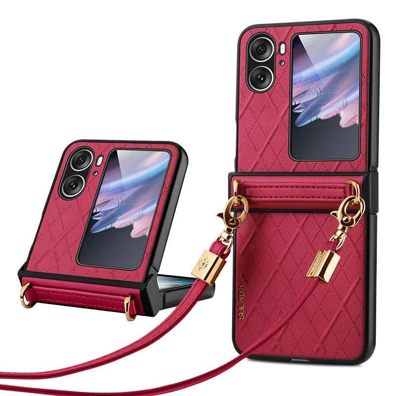 For-OPPO-Find-N2-Flip-SULADA-Elegant-Rhombic-Texture-Folding-Phone-Case-with-Lanyard(Red)