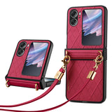 For-OPPO-Find-N2-Flip-SULADA-Elegant-Rhombic-Texture-Folding-Phone-Case-with-Lanyard(Red)