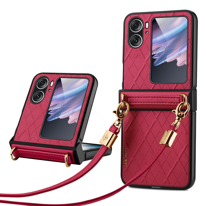 For-OPPO-Find-N2-Flip-SULADA-Elegant-Rhombic-Texture-Folding-Phone-Case-with-Lanyard(Red)