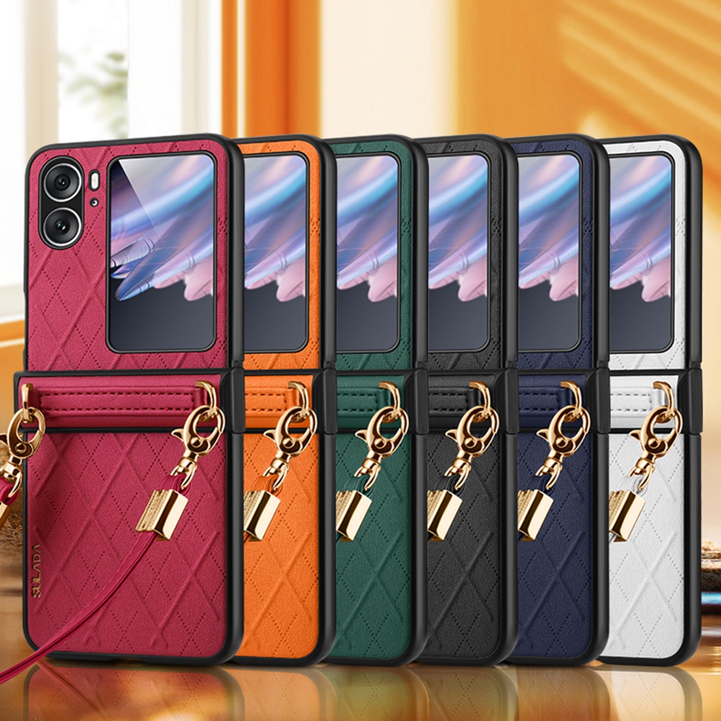 For-OPPO-Find-N2-Flip-SULADA-Elegant-Rhombic-Texture-Folding-Phone-Case-with-Lanyard(Red)