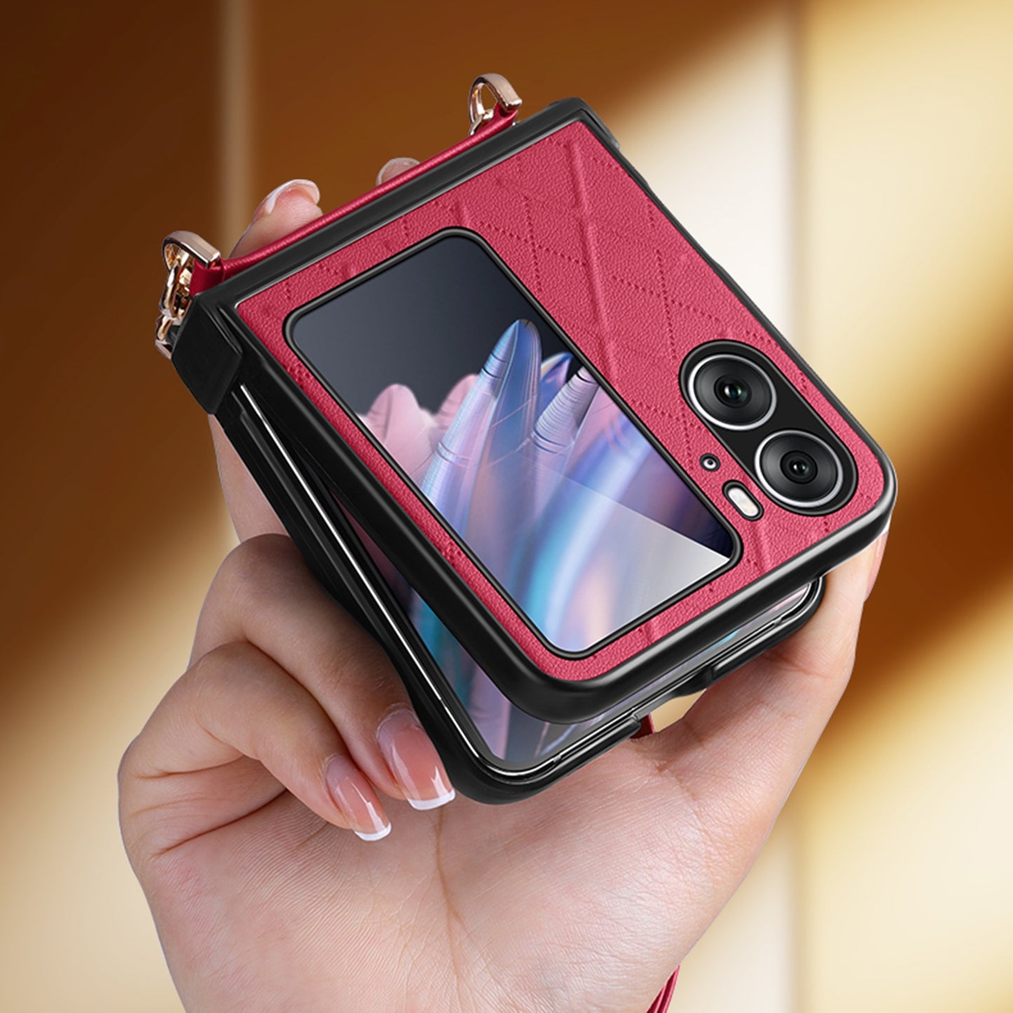 For-OPPO-Find-N2-Flip-SULADA-Elegant-Rhombic-Texture-Folding-Phone-Case-with-Lanyard(Red)