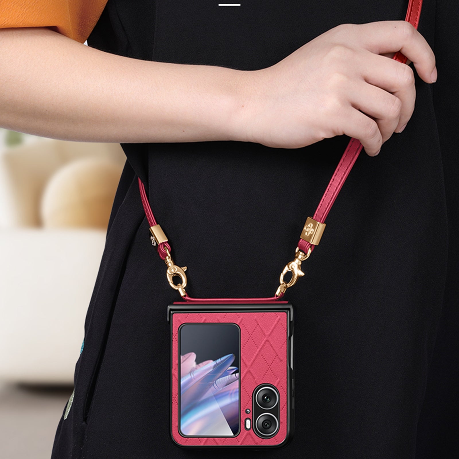 For-OPPO-Find-N2-Flip-SULADA-Elegant-Rhombic-Texture-Folding-Phone-Case-with-Lanyard(Red)