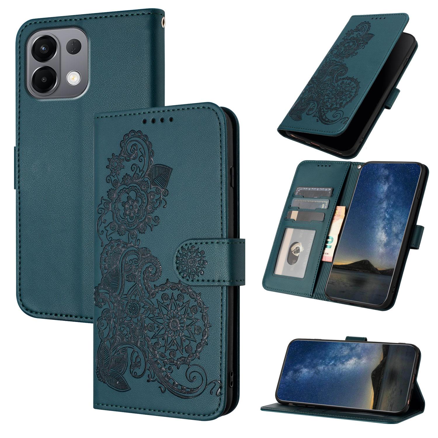 For-OPPO-K13-5G-Datura-Flower-Embossed-Flip-Leather-Phone-Case(Dark-Green)
