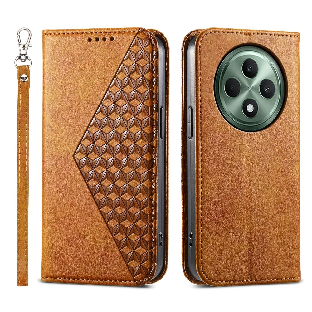 For-OPPO-Reno12-F-4G-/-5G-/-F27-India-Cubic-Grid-Calf-Texture-Magnetic-Leather-Phone-Case(Yellow)