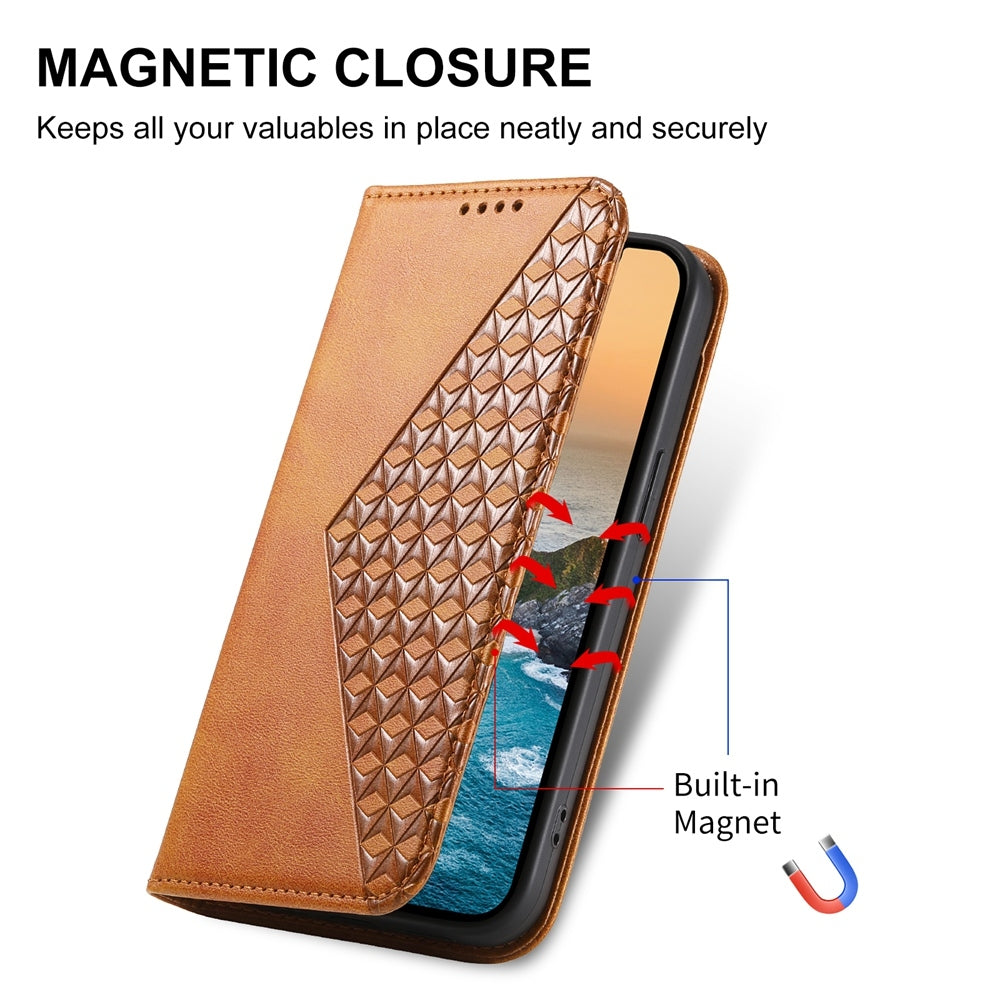 For-OPPO-Reno12-F-4G-/-5G-/-F27-India-Cubic-Grid-Calf-Texture-Magnetic-Leather-Phone-Case(Yellow)