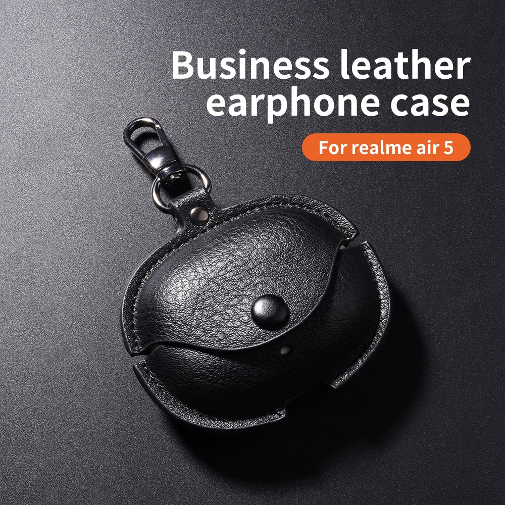 For-Realme-Buds-Air-5-Pro-Leather-Earphone-Protective-Case-with-Hook(Dark-Brown)