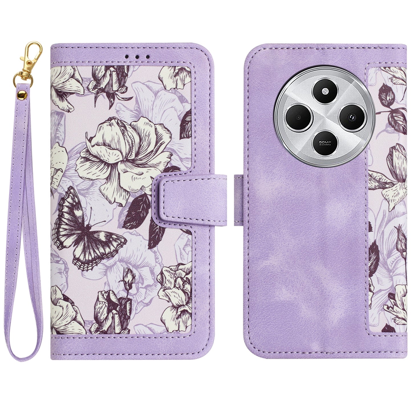 For-Redmi-14C-4G-Floral-Pattern-Leather-Phone-Case-with-Lanyard(Light-Purple)