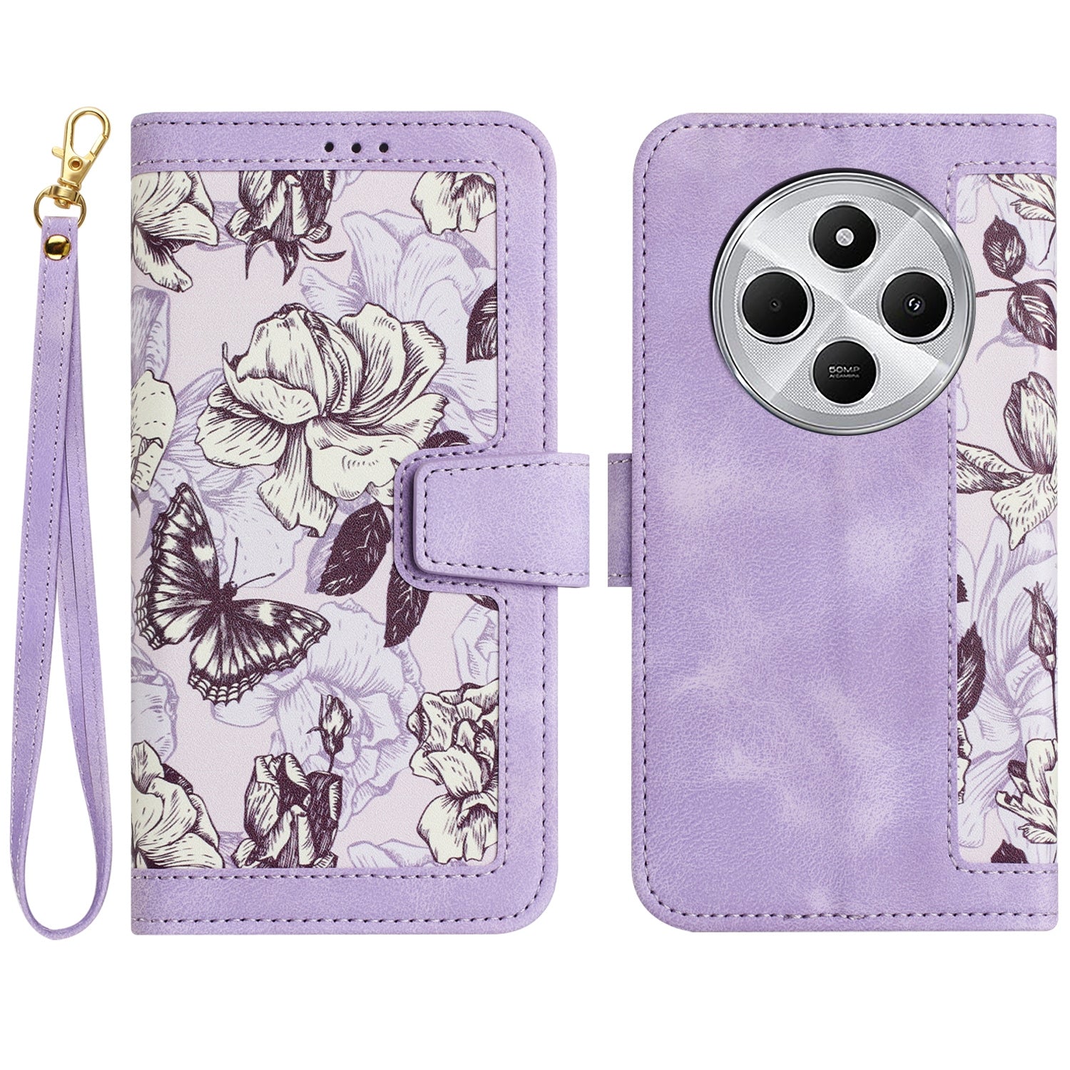For-Redmi-14C-4G-Floral-Pattern-Leather-Phone-Case-with-Lanyard(Light-Purple)