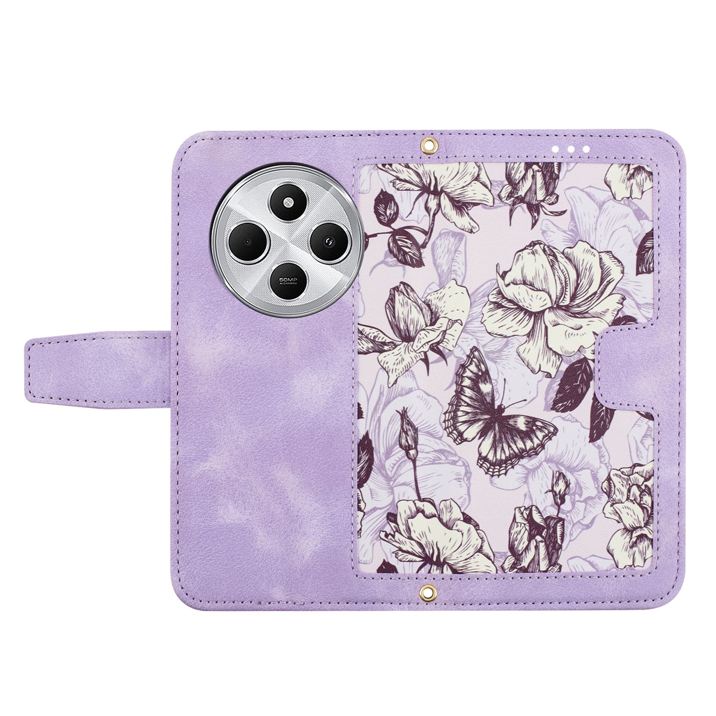 For-Redmi-14C-4G-Floral-Pattern-Leather-Phone-Case-with-Lanyard(Light-Purple)