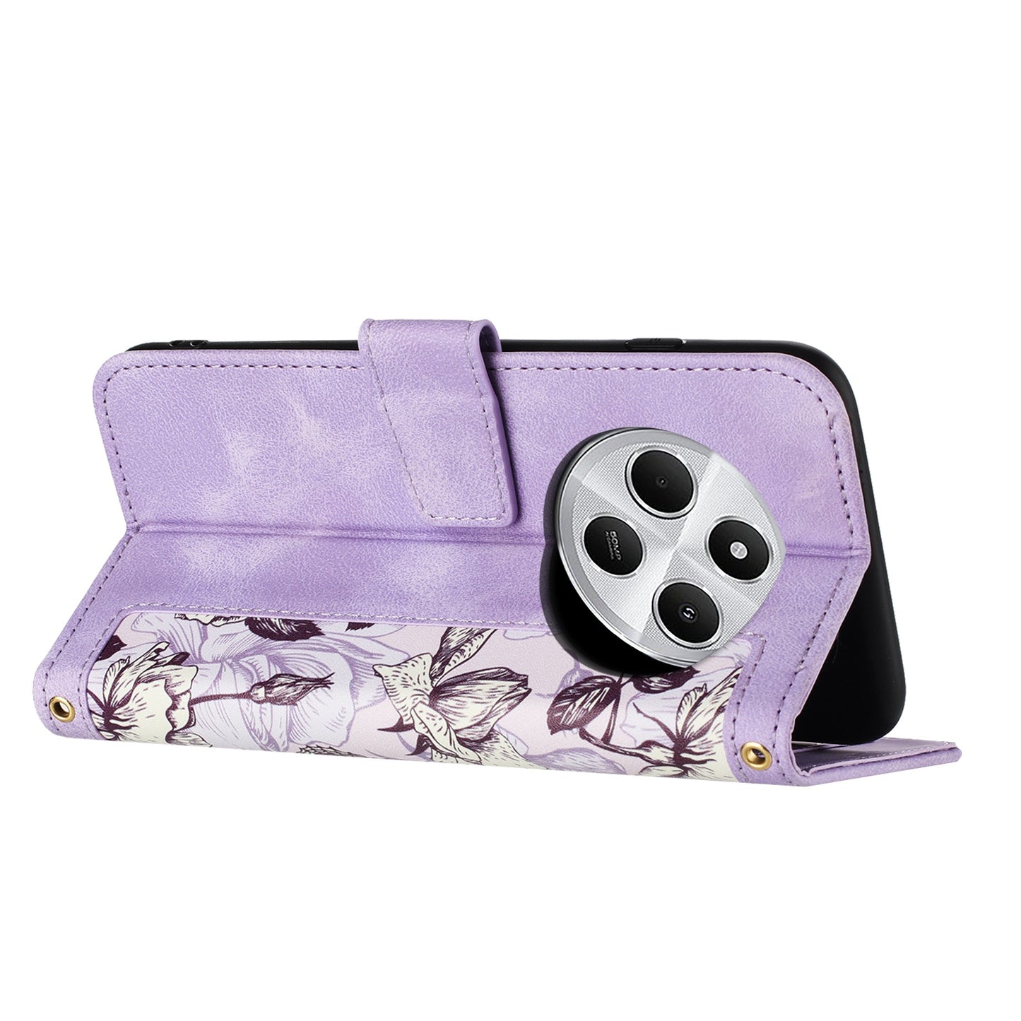 For-Redmi-14C-4G-Floral-Pattern-Leather-Phone-Case-with-Lanyard(Light-Purple)