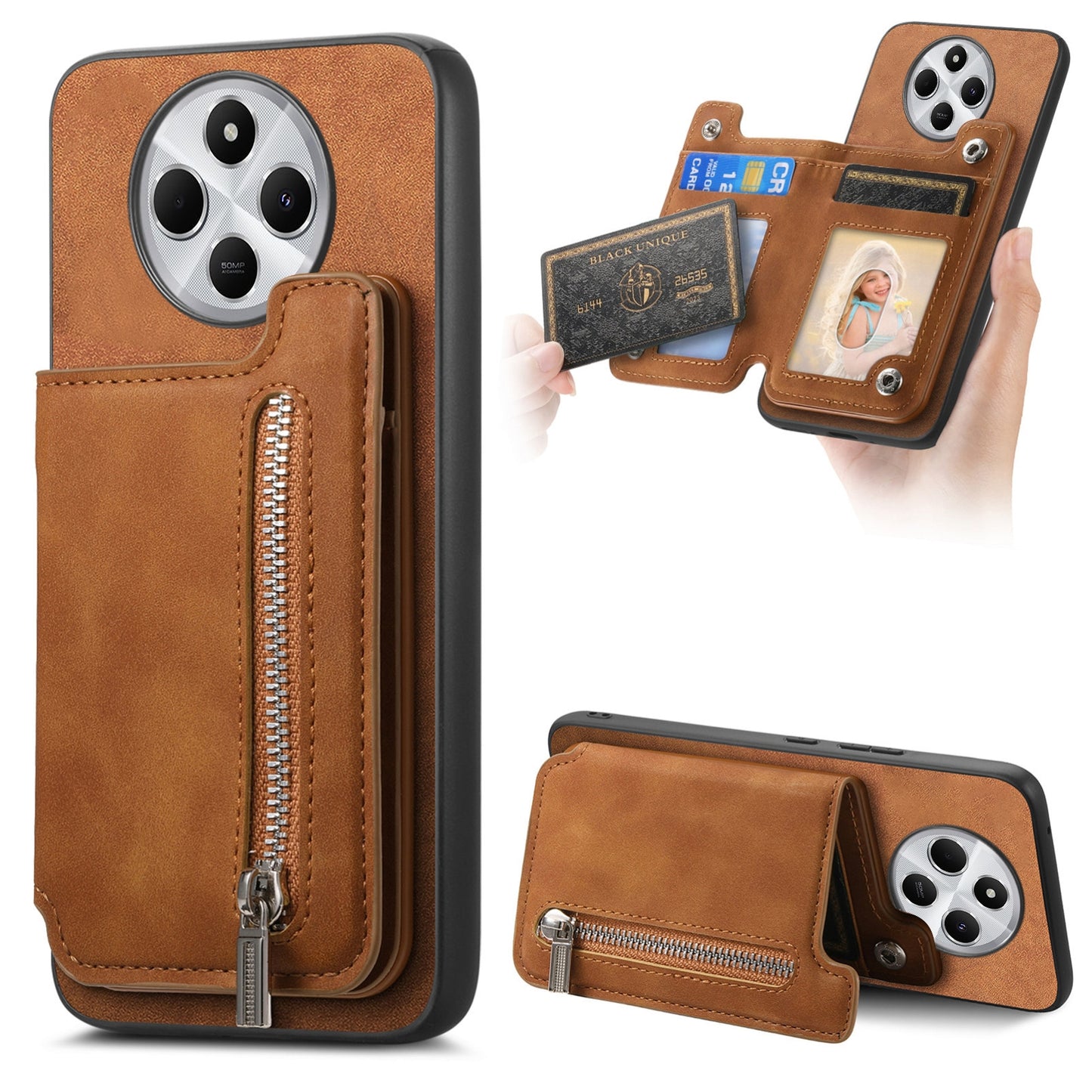 For-Redmi-14C-4G-Retro-MagSafe-Zipper-Wallet-Card-Bag-Back-Phone-Case(Brown)
