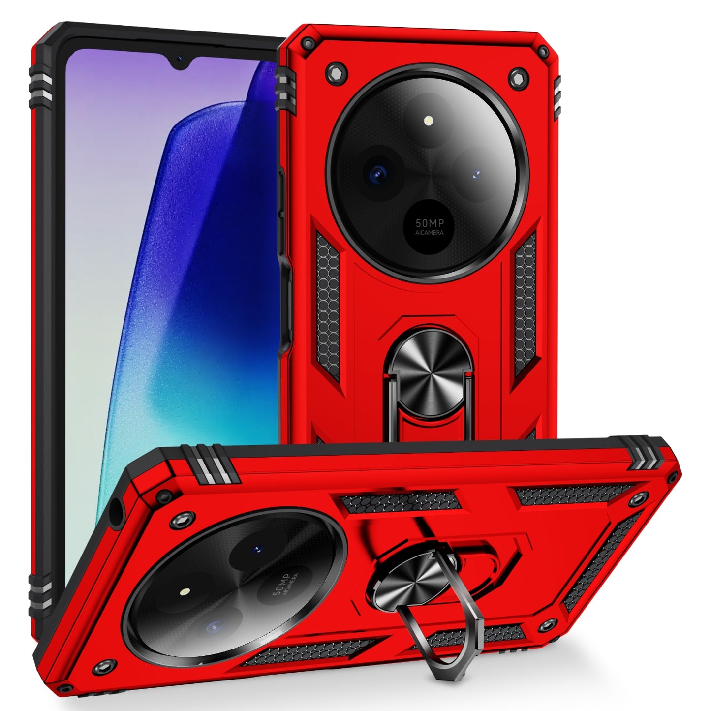 For-Redmi-14C-4G-Shockproof-TPU-+-PC-Phone-Case-with-Holder(Red)