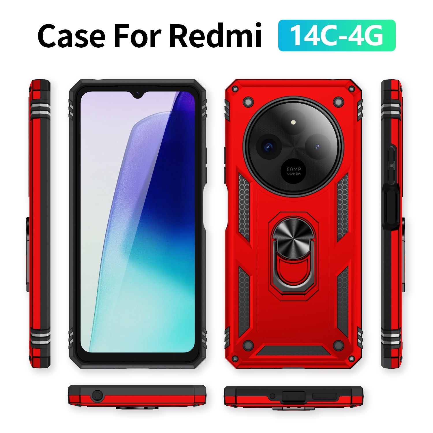 For-Redmi-14C-4G-Shockproof-TPU-+-PC-Phone-Case-with-Holder(Red)