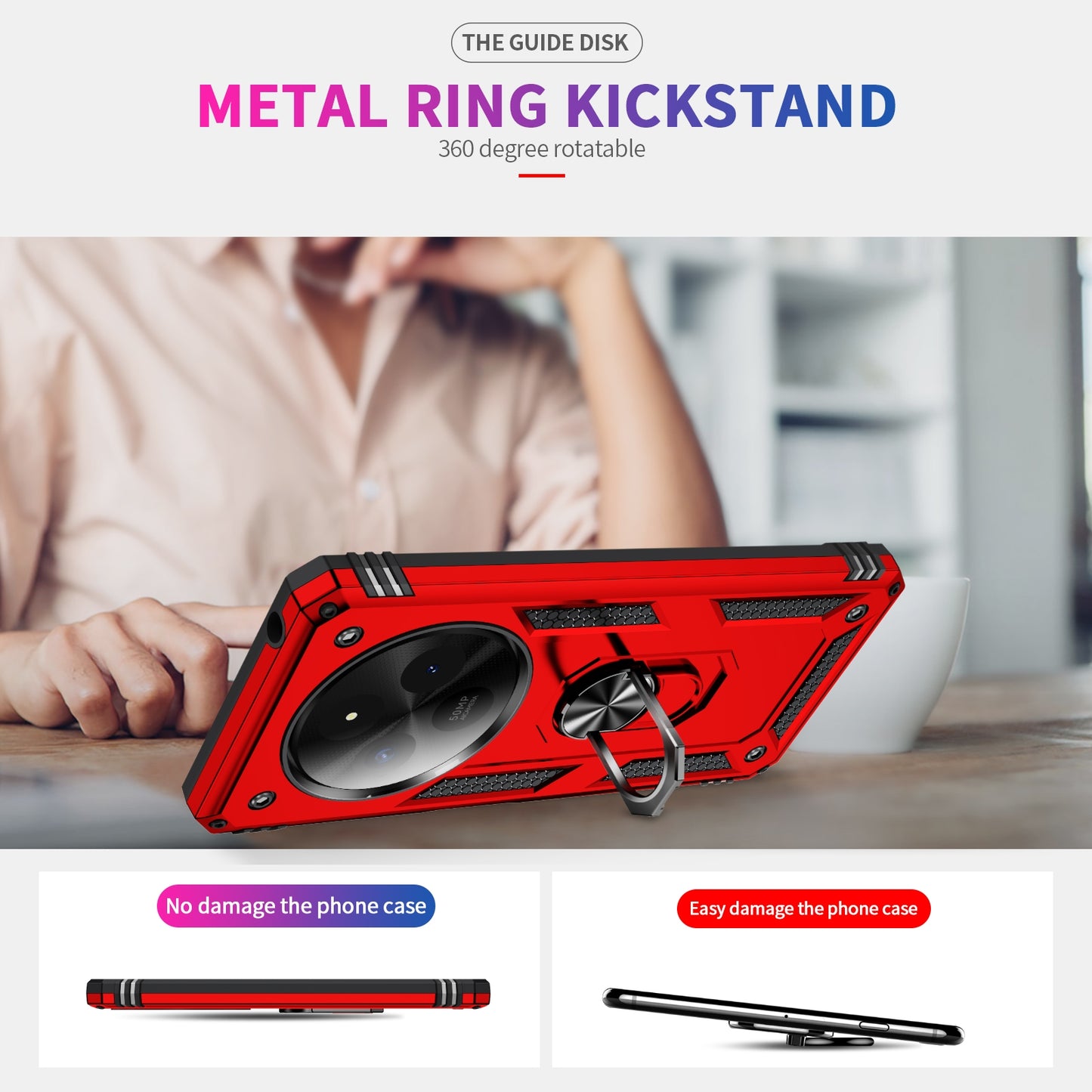 For-Redmi-14C-4G-Shockproof-TPU-+-PC-Phone-Case-with-Holder(Red)