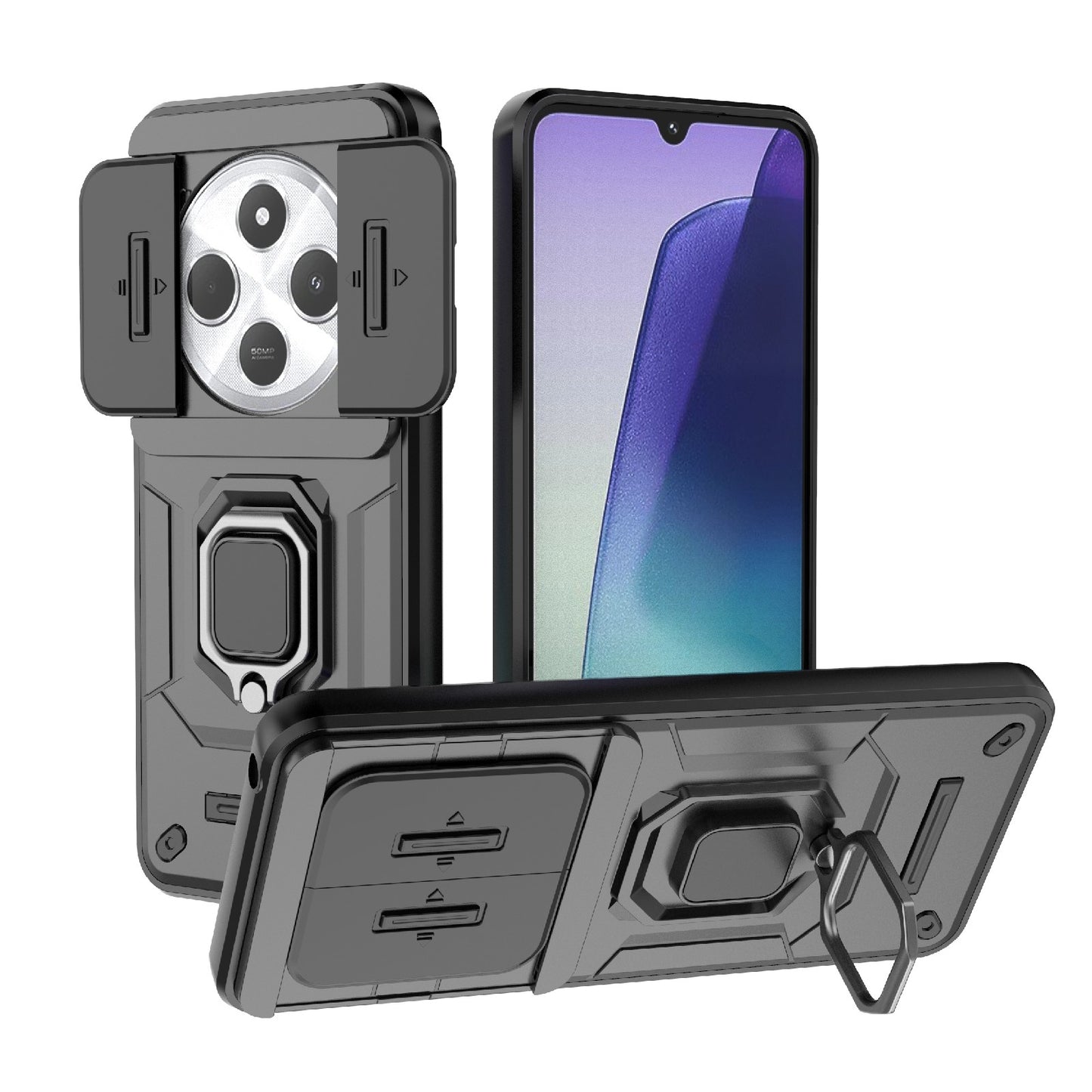 For-Redmi-14C-4G-Sliding-Camshield-TPU-+-PC-Shockproof-Phone-Case-with-Holder(Black)