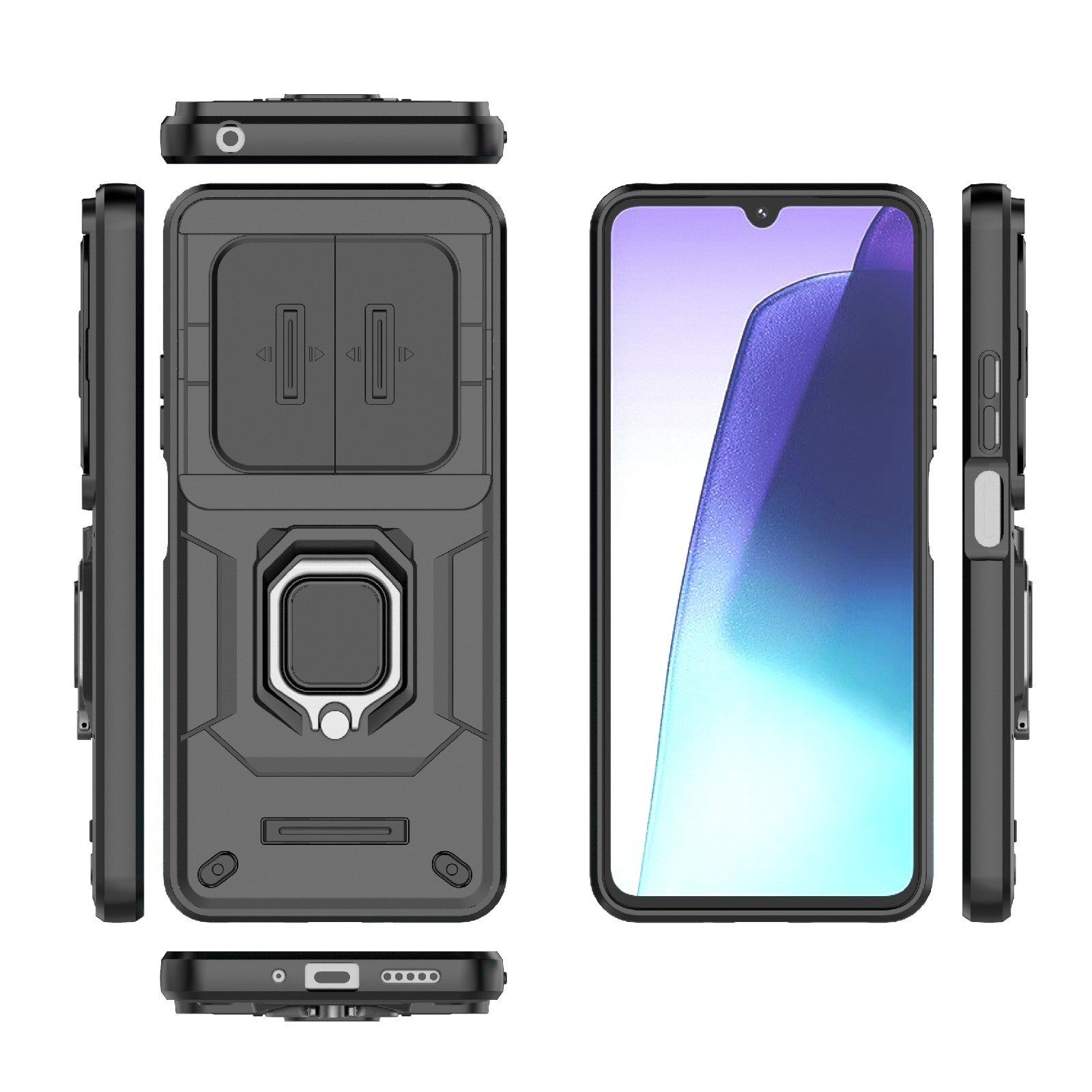 For-Redmi-14C-4G-Sliding-Camshield-TPU-+-PC-Shockproof-Phone-Case-with-Holder(Black)