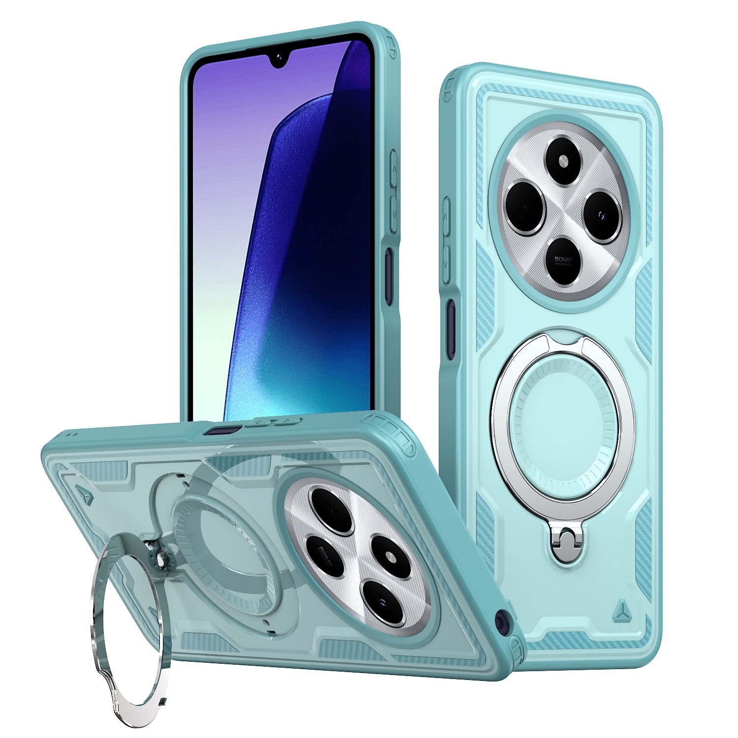 For-Redmi-14C-4G-/-5G-/-14R-5G-PC-Hybrid-TPU-Armor-MagSafe-Ring-Holder-Phone-Case(Light-Blue)
