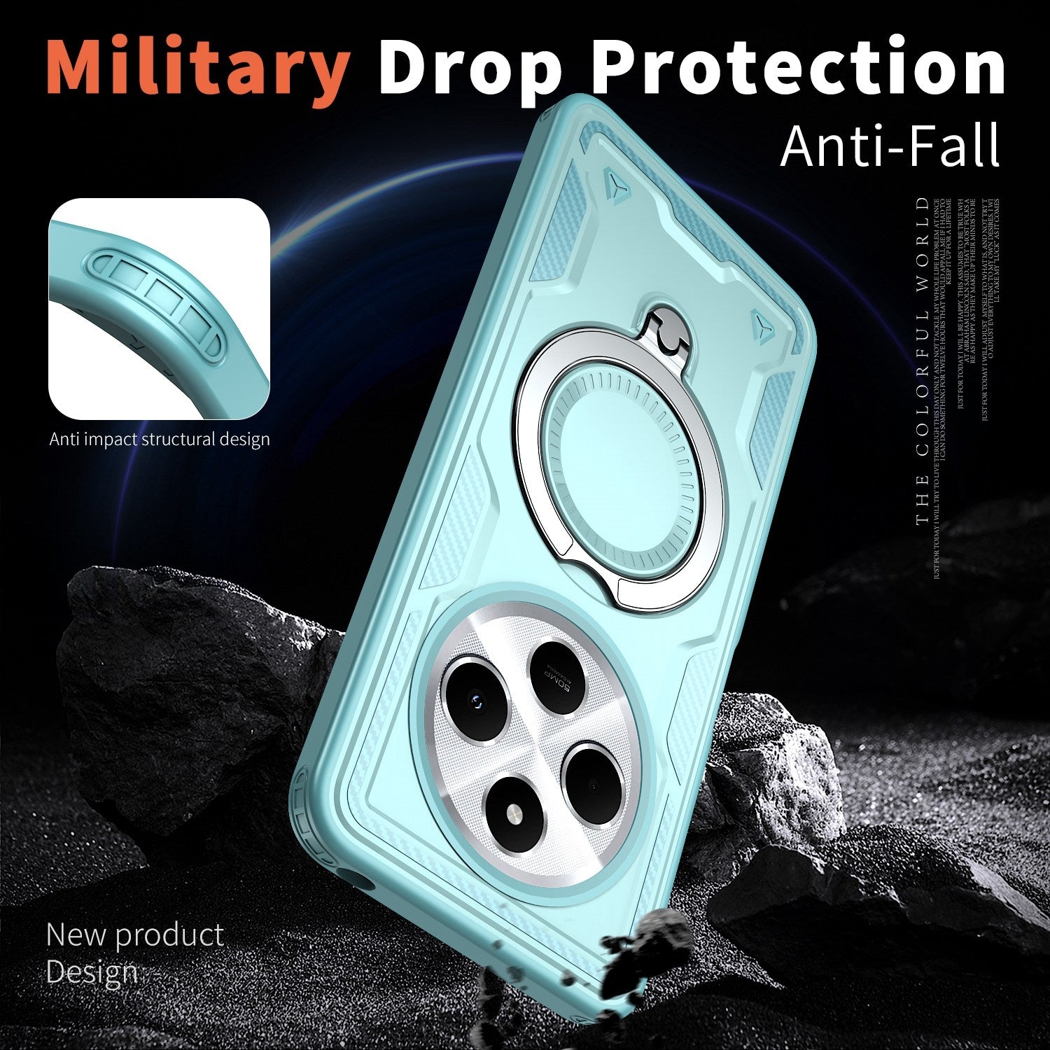 For-Redmi-14C-4G-/-5G-/-14R-5G-PC-Hybrid-TPU-Armor-MagSafe-Ring-Holder-Phone-Case(Light-Blue)