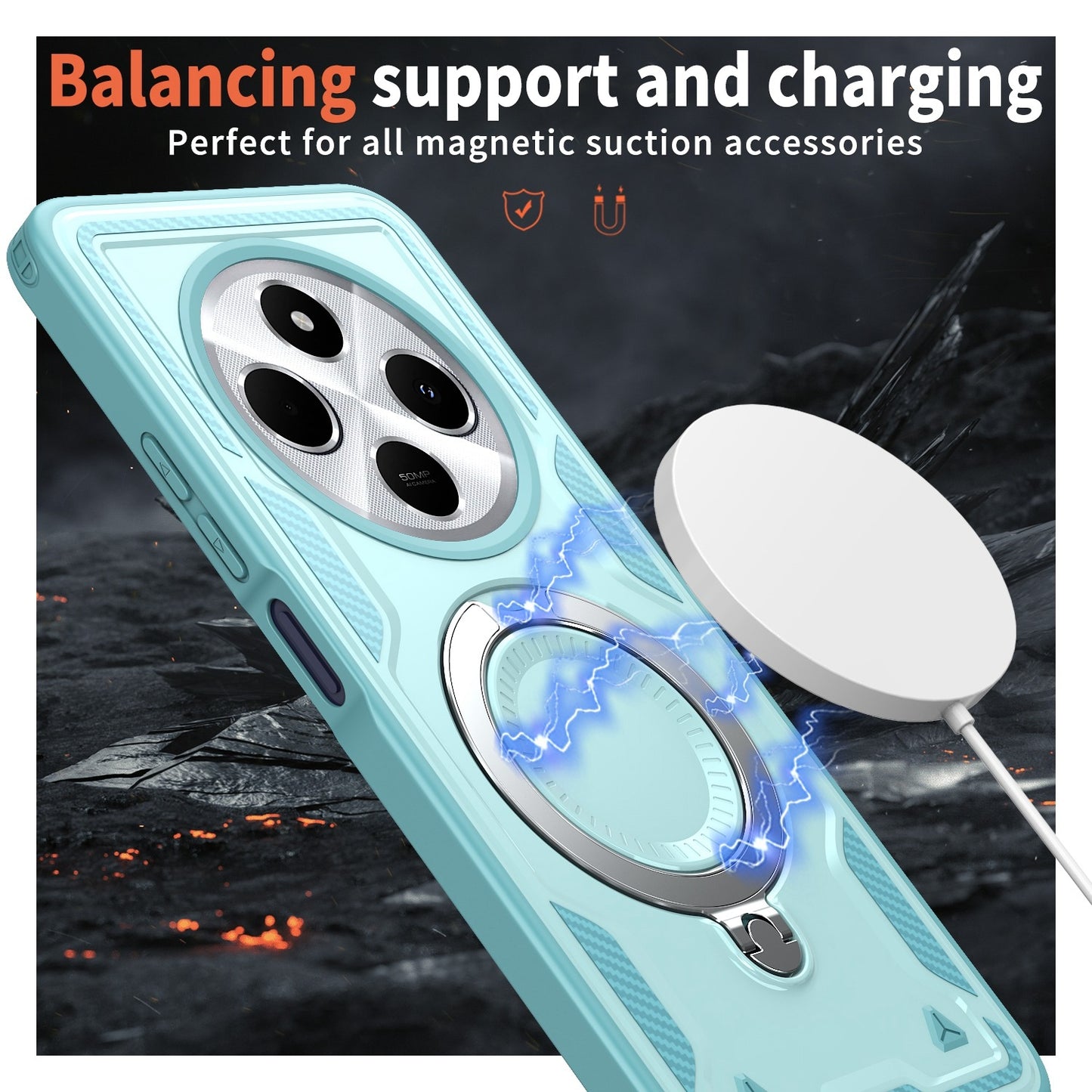 For-Redmi-14C-4G-/-5G-/-14R-5G-PC-Hybrid-TPU-Armor-MagSafe-Ring-Holder-Phone-Case(Light-Blue)