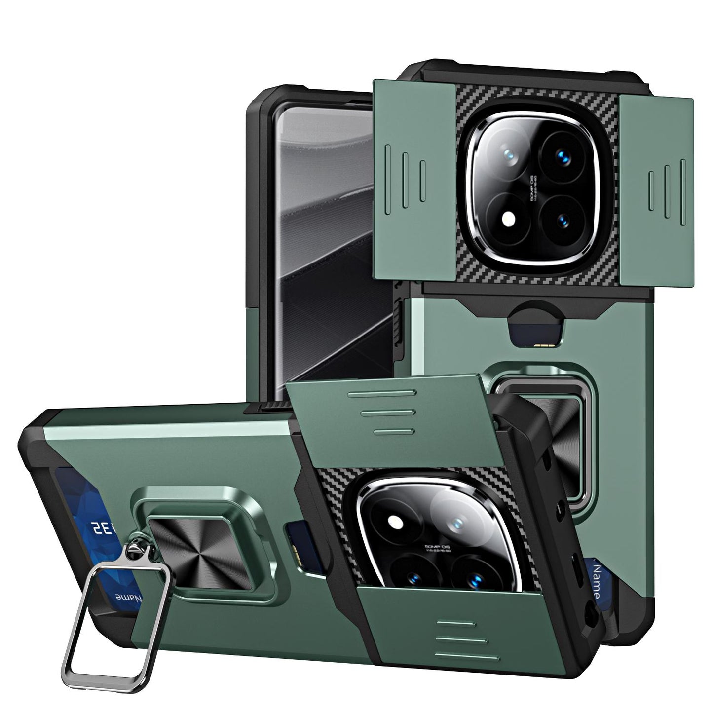 For-Redmi-Note-14-Pro-5G-/-14-Pro+-5G-Camera-Shield-Card-Slot-PC+TPU-Phone-Case(Dark-Green)