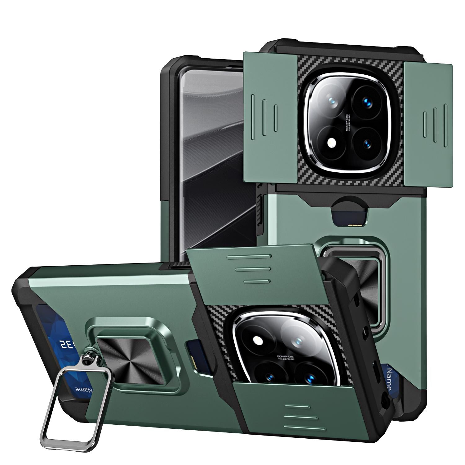 For-Redmi-Note-14-Pro-5G-/-14-Pro+-5G-Camera-Shield-Card-Slot-PC+TPU-Phone-Case(Dark-Green)