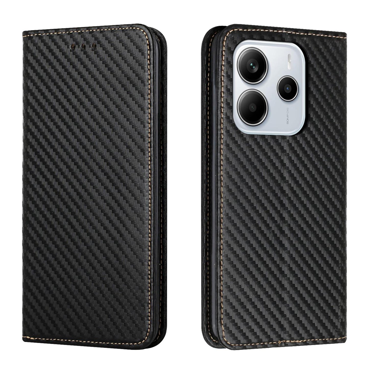 For-Redmi-Note-14-4G-163.25mm-Carbon-Fiber-Texture-Magnetic-Flip-Leather-Phone-Case(Black)