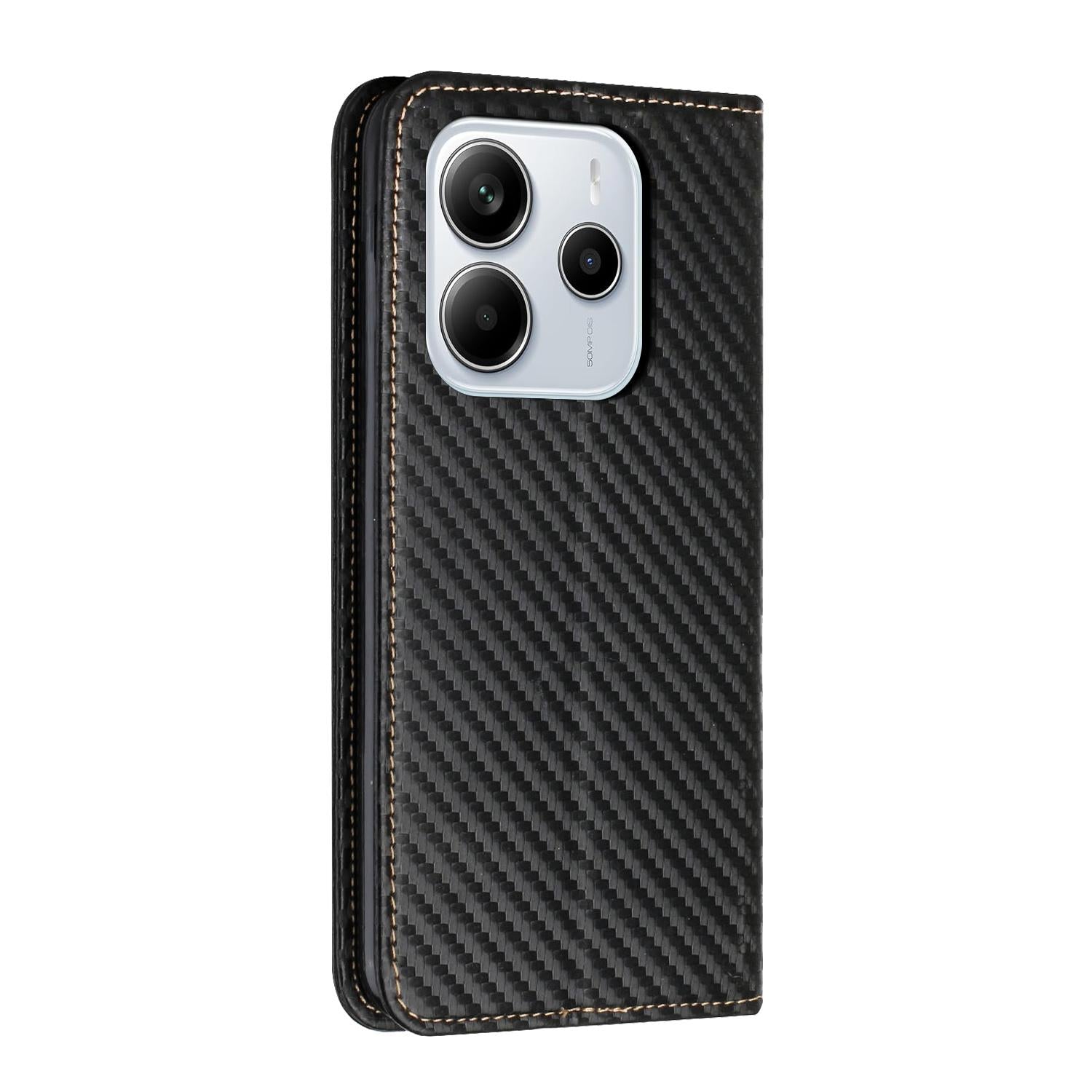 For-Redmi-Note-14-4G-163.25mm-Carbon-Fiber-Texture-Magnetic-Flip-Leather-Phone-Case(Black)