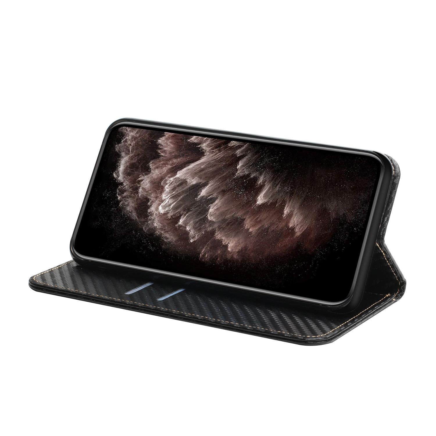 For-Redmi-Note-14-4G-163.25mm-Carbon-Fiber-Texture-Magnetic-Flip-Leather-Phone-Case(Black)
