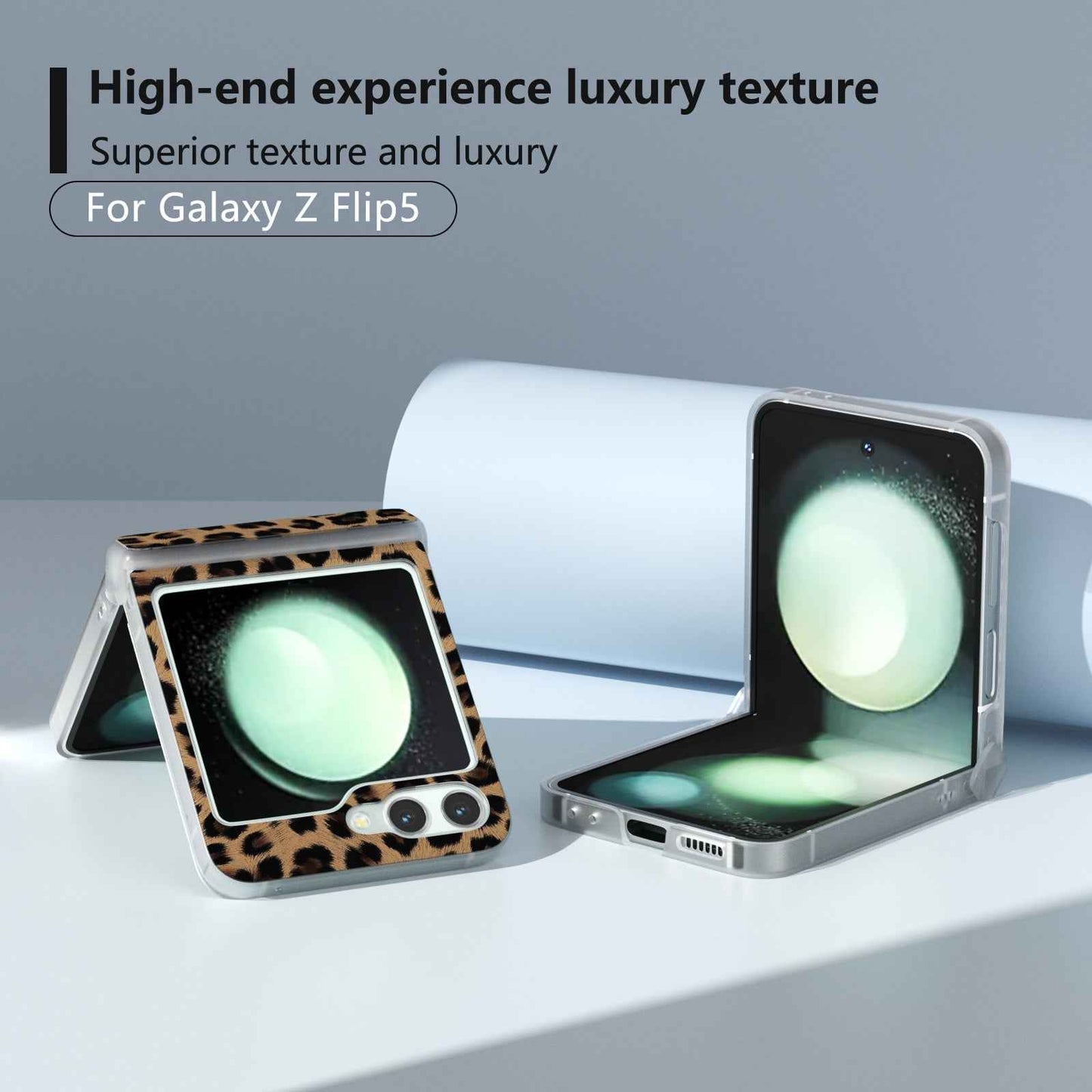 For-Samsung-Galaxy-Z-Flip6-/-Flip7-FE-Three-Parts-Frosted-Transparent-Frame-Leopard-Pattern-Phone-Case(Gold-Leopard)