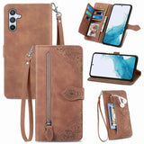 For-Samsung-Galaxy-A36-5G-Embossed-Flower-Zipper-Leather-Phone-Case(Brown)