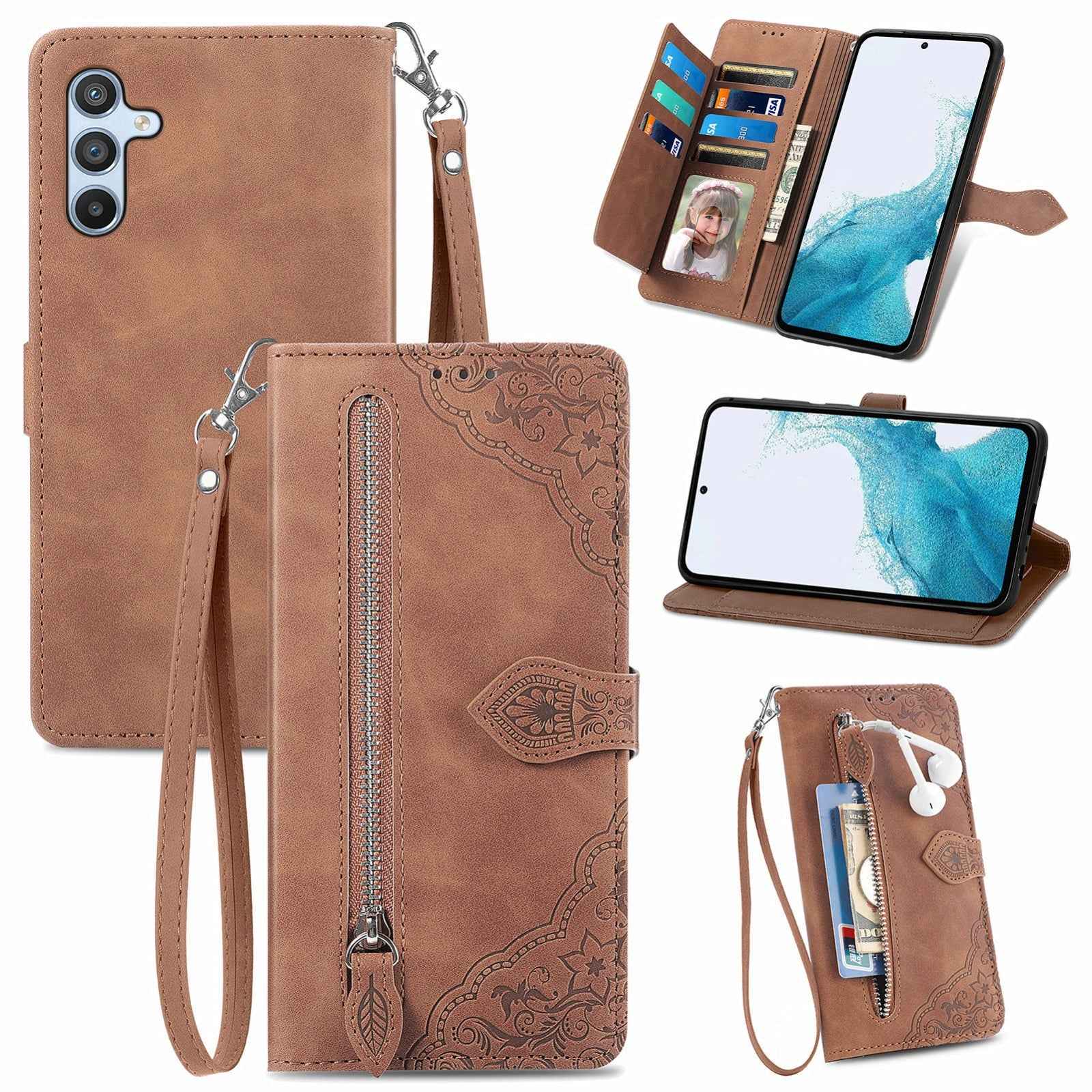 For-Samsung-Galaxy-A36-5G-Embossed-Flower-Zipper-Leather-Phone-Case(Brown)