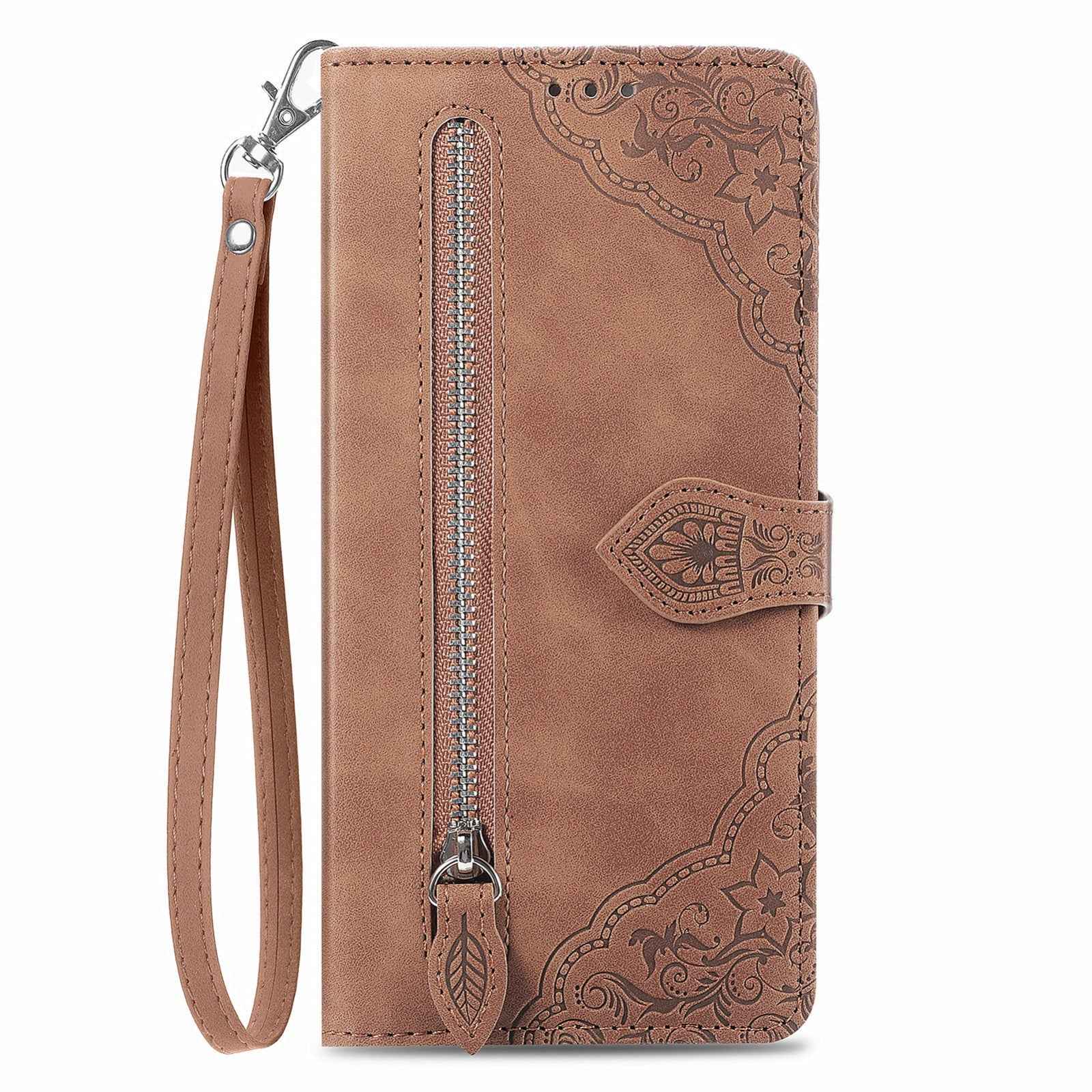 For-Samsung-Galaxy-A36-5G-Embossed-Flower-Zipper-Leather-Phone-Case(Brown)