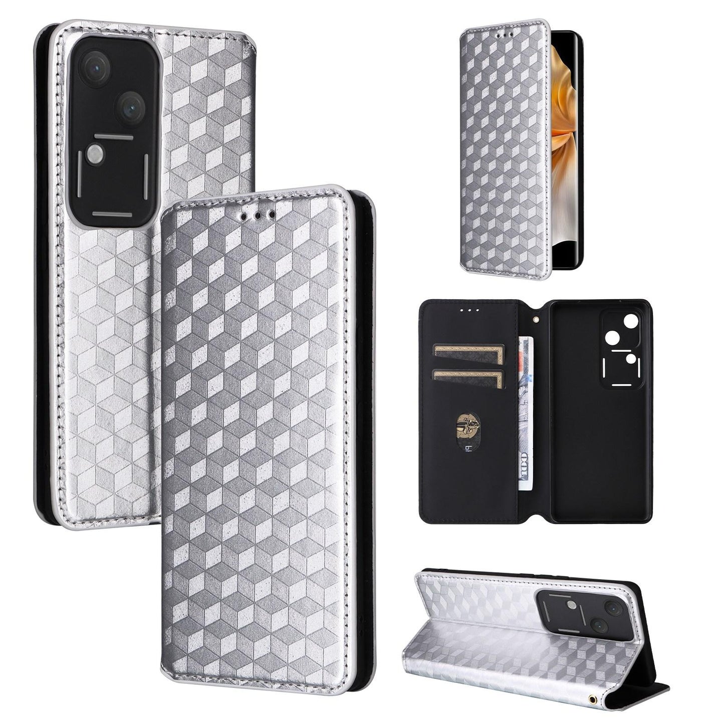 For-vivo-S18-5G-/-V30-Cubic-Grid-Texture-Flip-Leather-Phone-Case(Silver)
