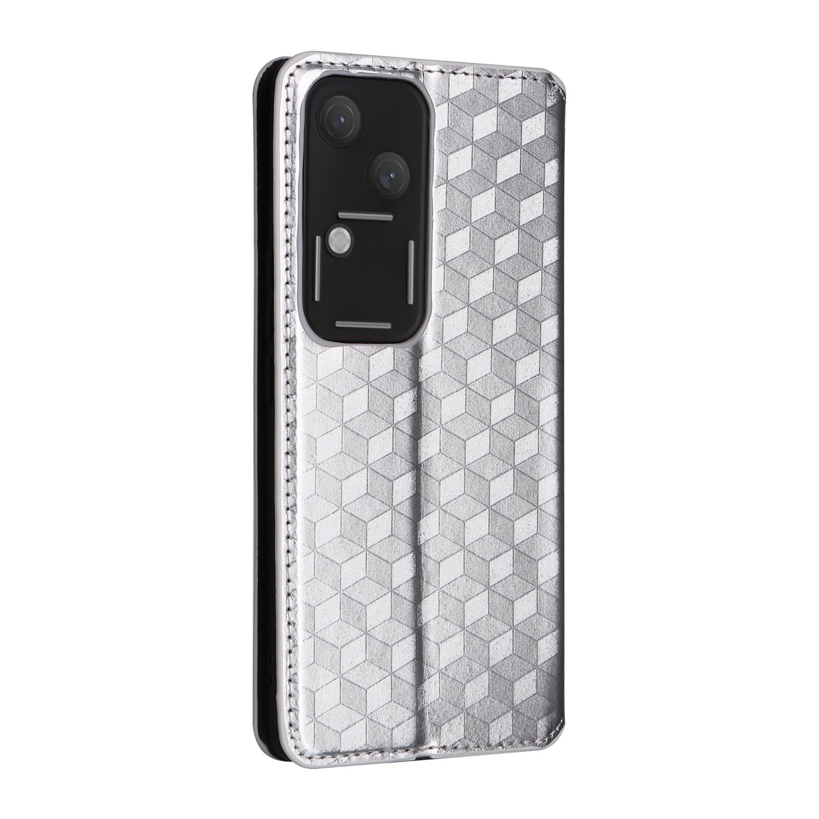 For-vivo-S18-5G-/-V30-Cubic-Grid-Texture-Flip-Leather-Phone-Case(Silver)