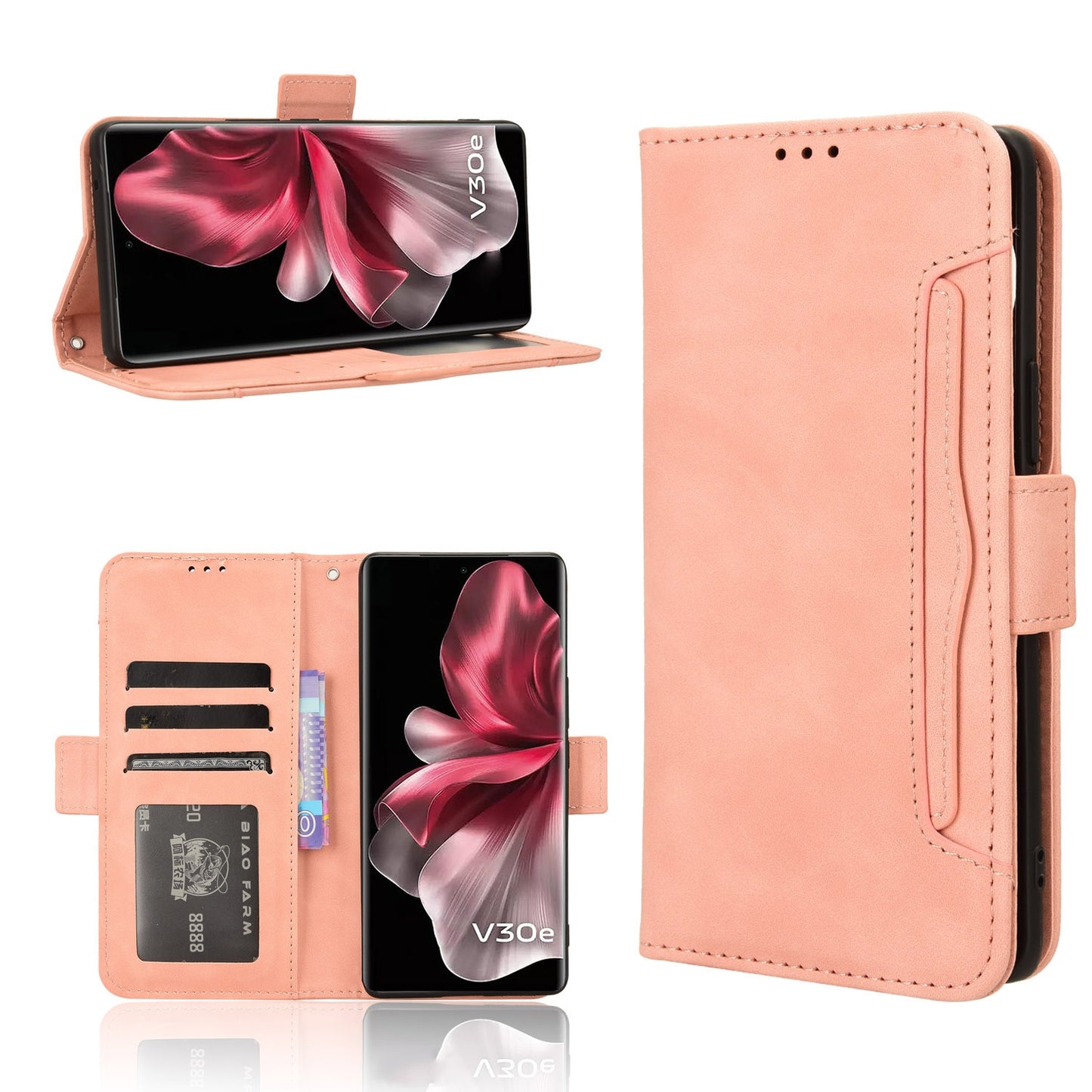 For-vivo-V30e-5G-/-V40-Lite-5G-Skin-Feel-Calf-Texture-Card-Slots-Leather-Phone-Case(Pink)