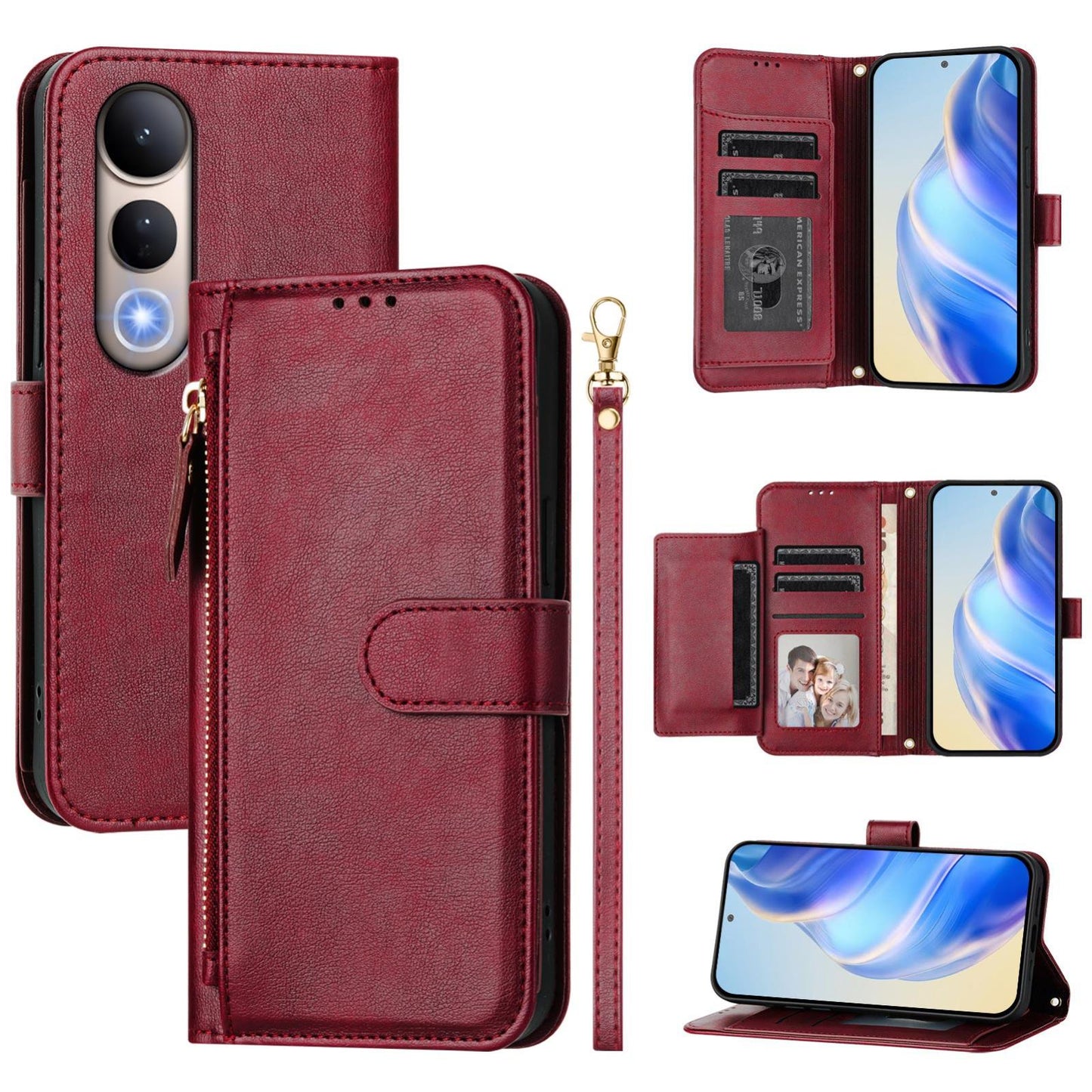 For-vivo-V50-Lite-5G-Multi-Card-Slots-Zipper-Wallet-Leather-Phone-Case(Dark-Red)