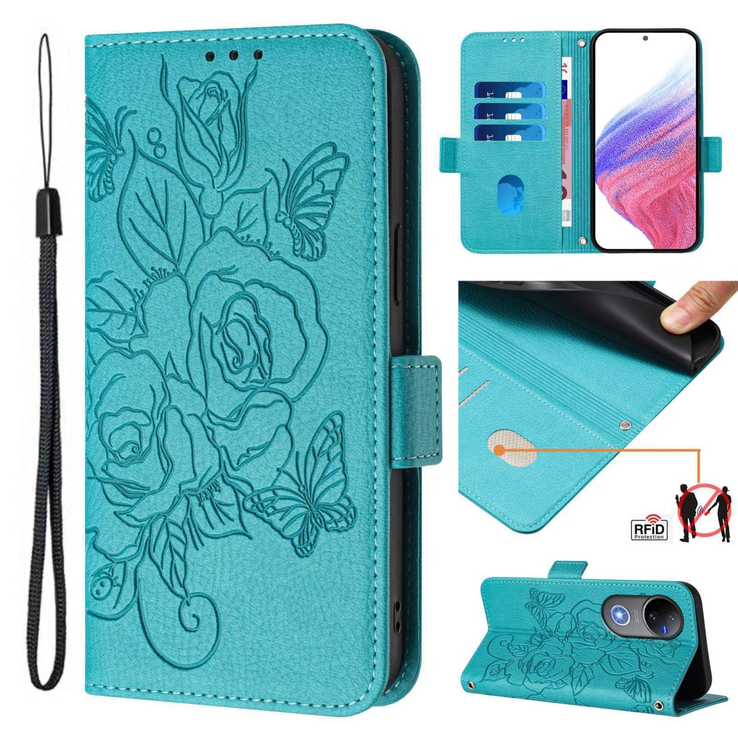 For-vivo-V50-5G-Global-Embossed-Rose-RFID-Anti-theft-Leather-Phone-Case(Light-Blue)