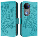 For-vivo-V50-5G-Global-Embossed-Rose-RFID-Anti-theft-Leather-Phone-Case(Light-Blue)