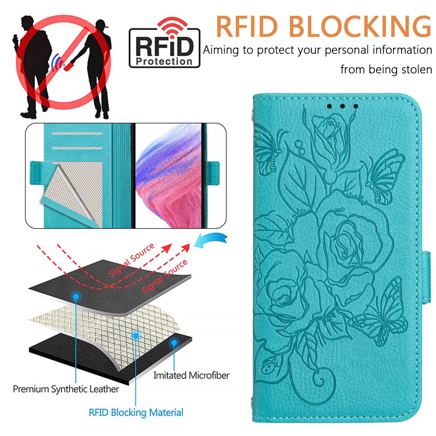 For-vivo-V50-5G-Global-Embossed-Rose-RFID-Anti-theft-Leather-Phone-Case(Light-Blue)