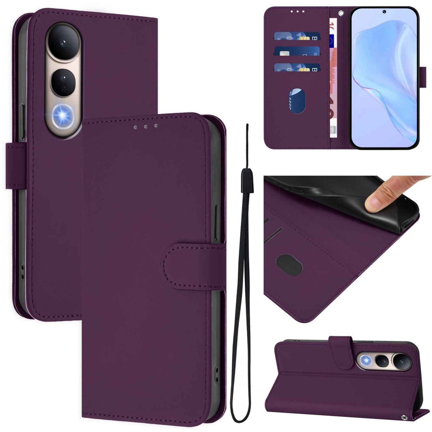 For-vivo-V50-Lite-5G-Skin-Feel-Solid-Color-Leather-Phone-Case-with-Lanyard(Violet)