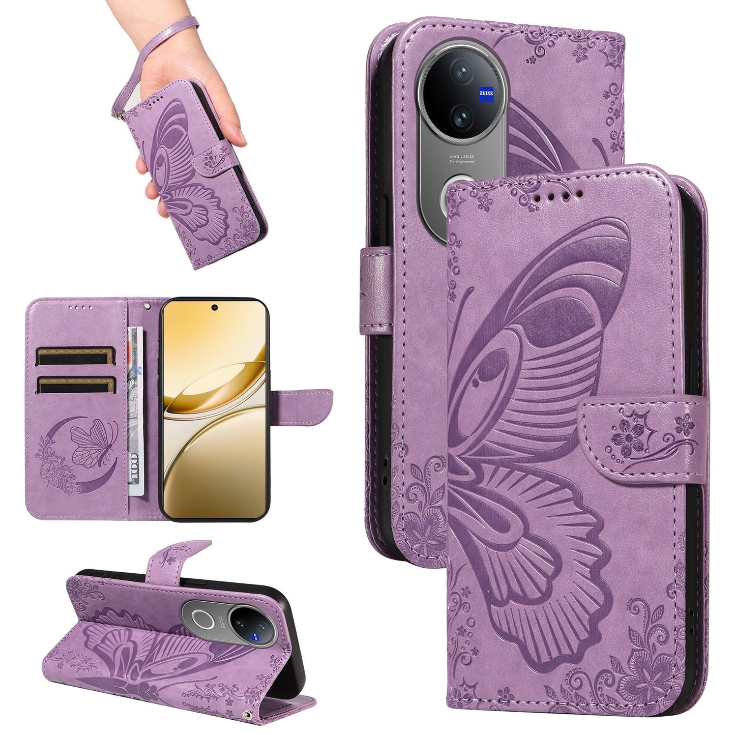 For-vivo-V50-5G-Global-Swallowtail-Butterfly-Embossed-Leather-Phone-Case(Purple)
